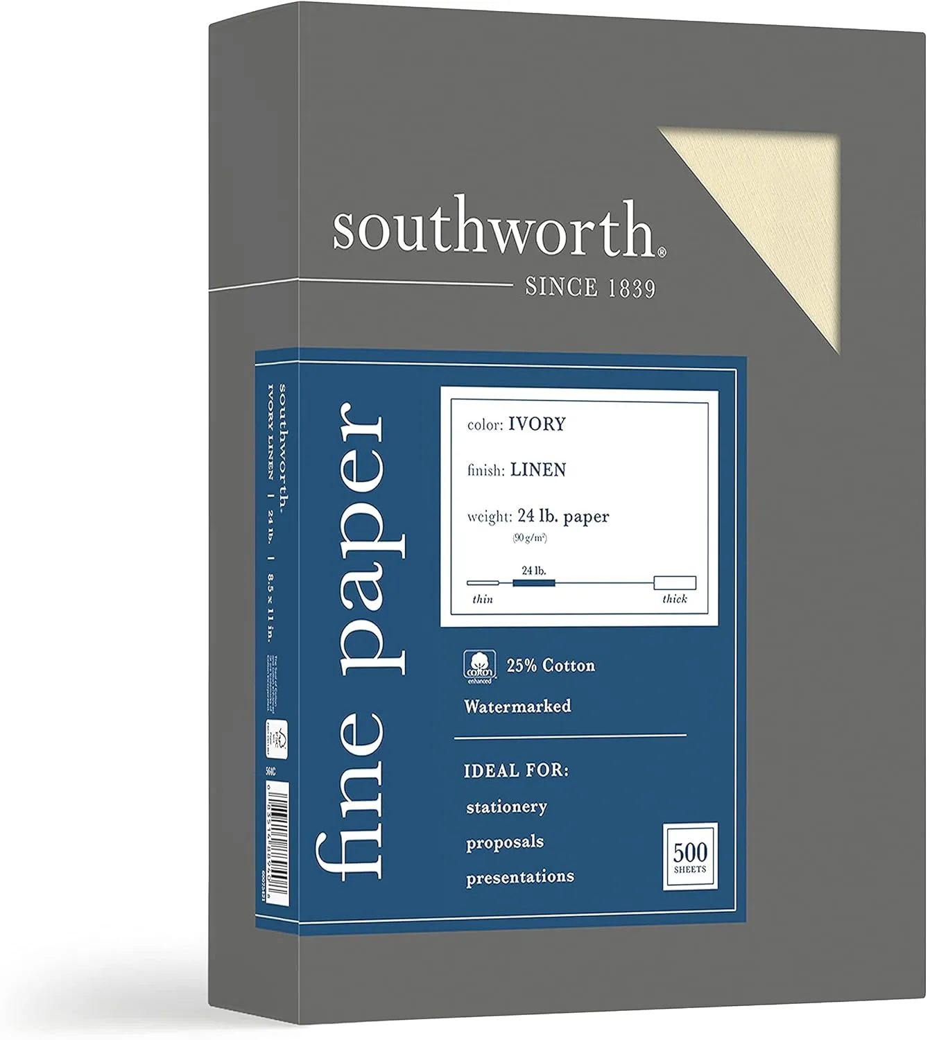 Southworth 25% Cotton Linen Business Paper, Ivory, 24 lb, Letter, 500 Sheets (564C)