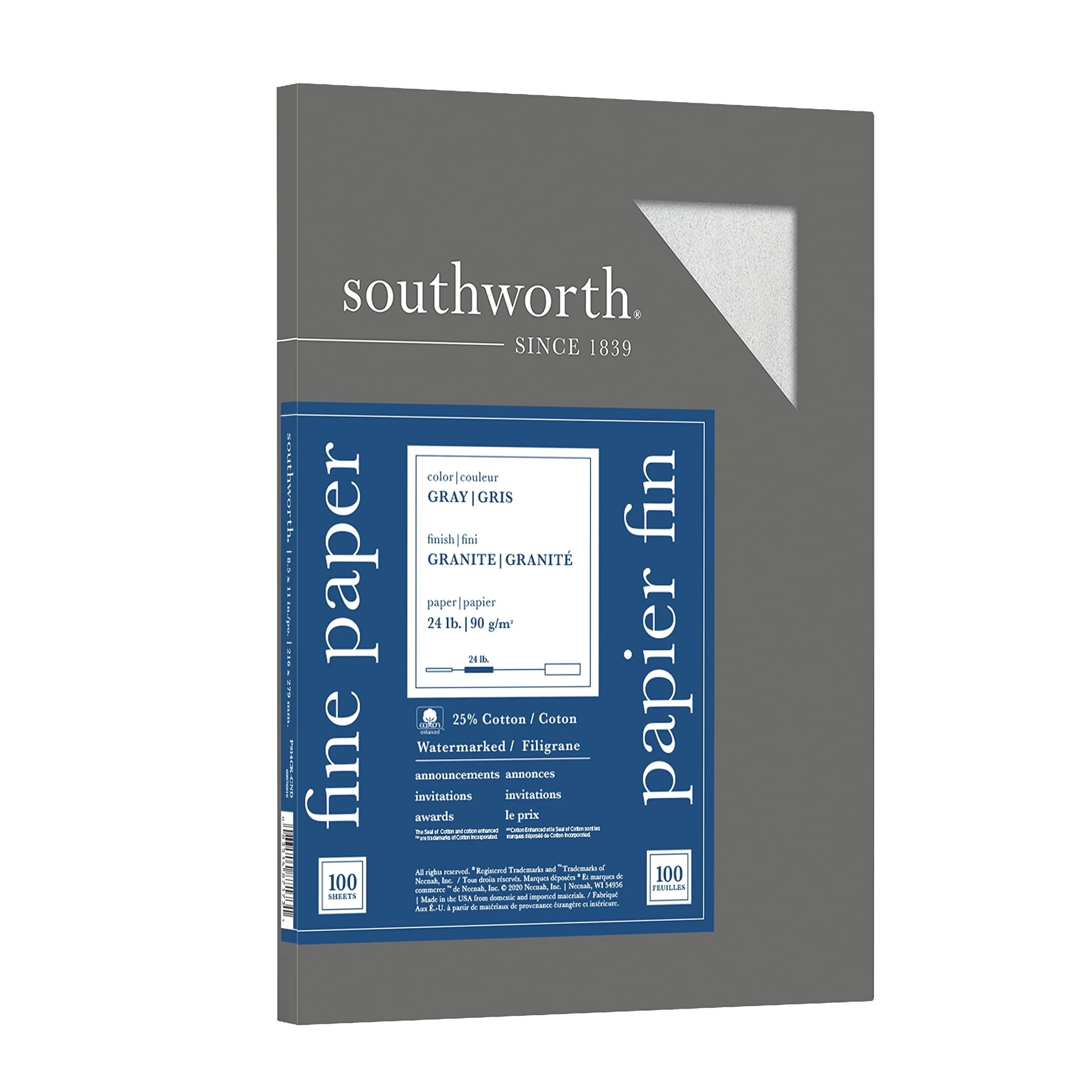 Southworth Granite Specialty Paper, 8.5 x 11, 24 lb, Gray, 100 Sheets