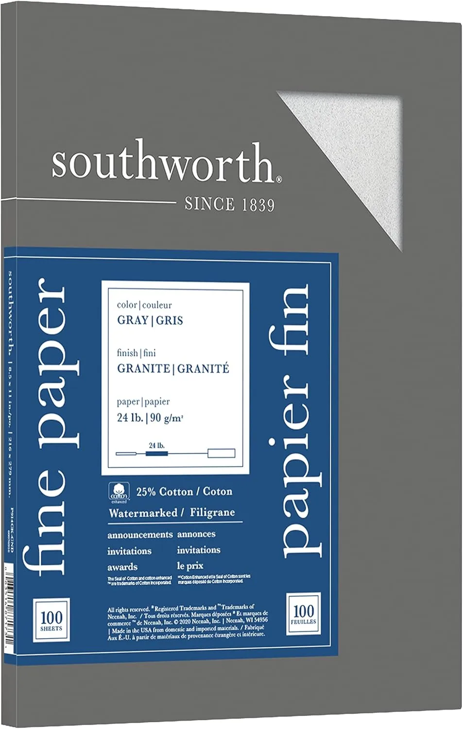 Southworth Granite Specialty Paper, 8.5 x 11, 24 lb, Gray, 100 Sheets