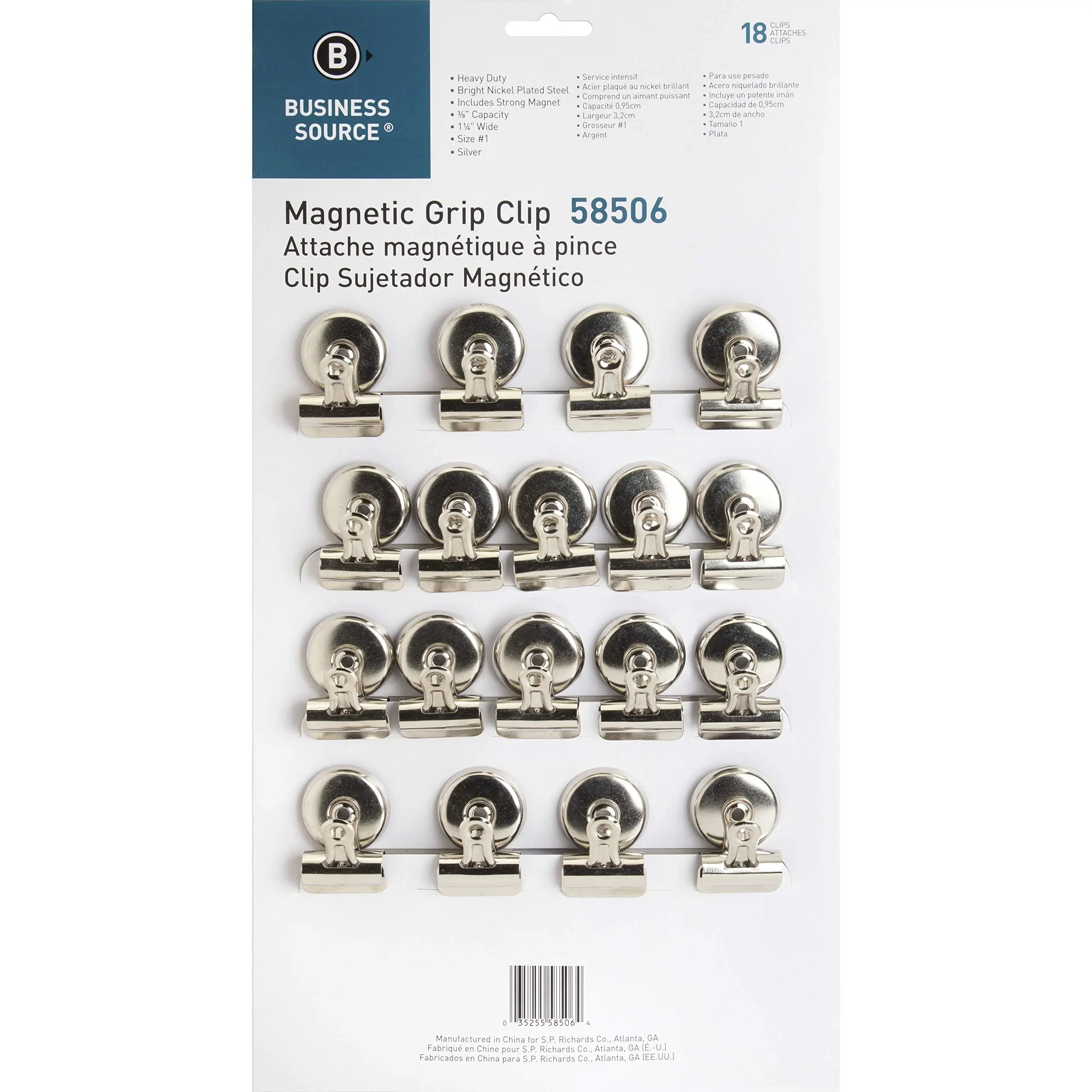 Sparco Bulldog Magnetic Clips, Size 1, 1 1/4in Wide, 3/8in Capacity, Silver, Box of 18
