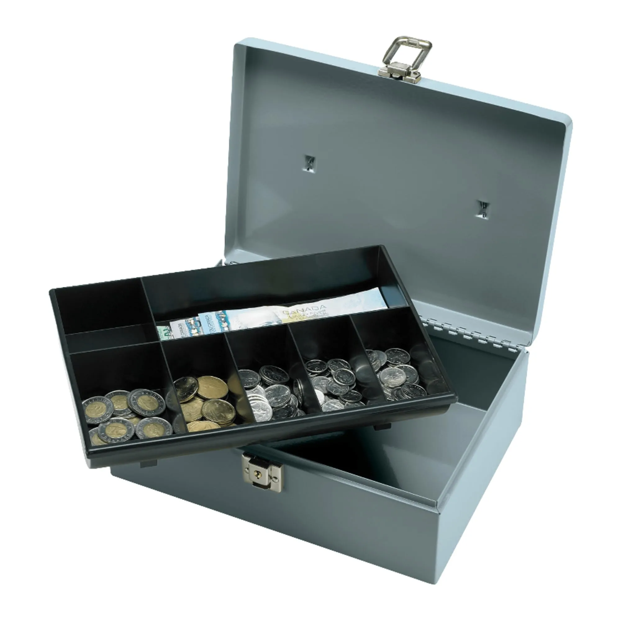 Sparco All-Steel Latch Lock Cash Box With Tray, 7 Compartments, 4in x 11in x 7 3/4in, Gray