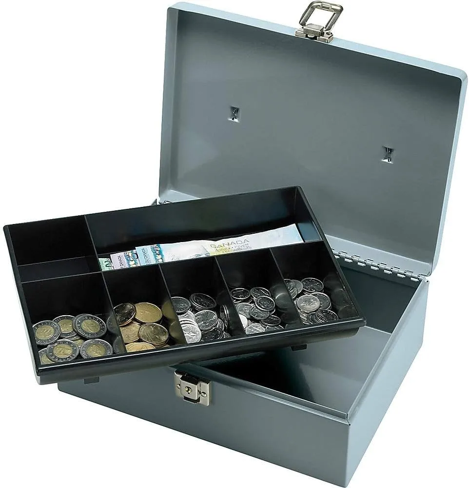 Sparco All-Steel Latch Lock Cash Box With Tray, 7 Compartments, 4in x 11in x 7 3/4in, Gray
