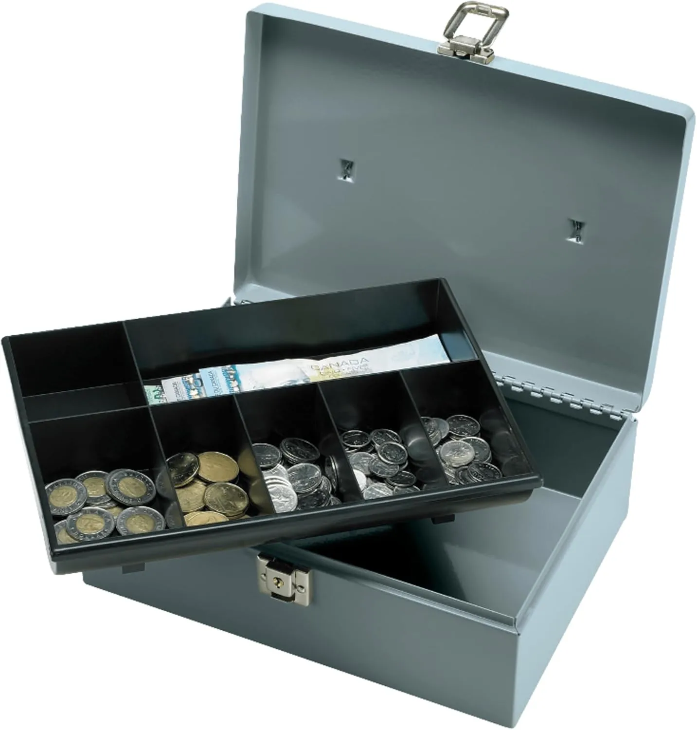 Sparco All-Steel Latch Lock Cash Box With Tray, 7 Compartments, 4in x 11in x 7 3/4in, Gray