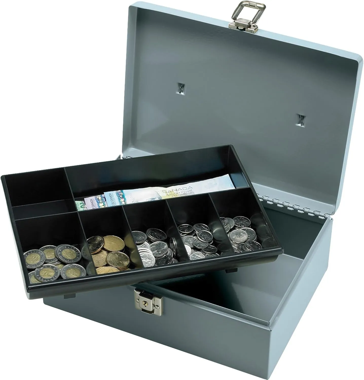 Sparco All-Steel Latch Lock Cash Box With Tray, 7 Compartments, 4in x 11in x 7 3/4in, Gray