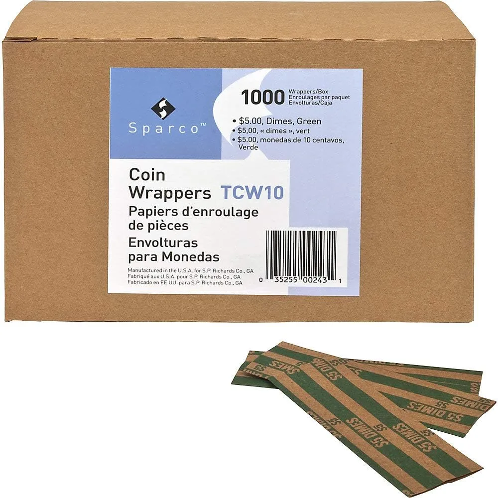 Sparco Flat Coin Wrappers, 1000 Count, Dimes - Green