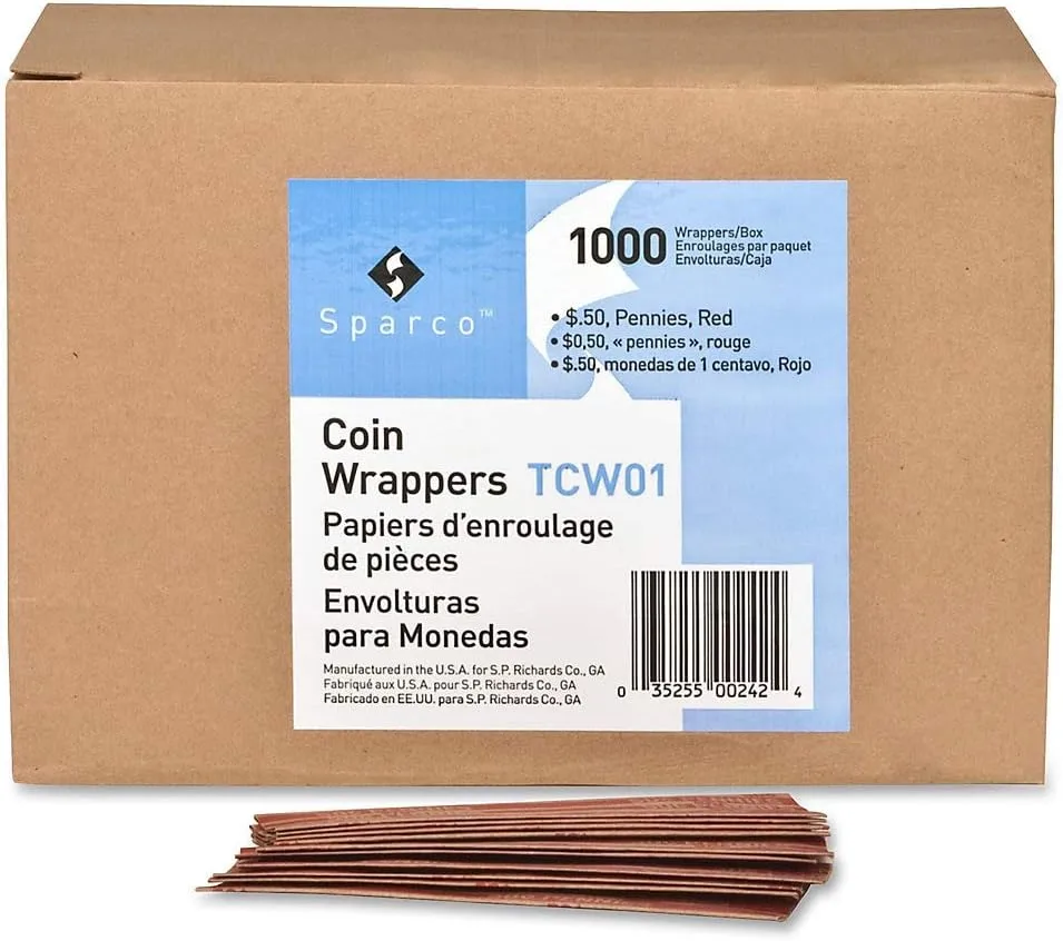 Sparco Flat Coin Wrappers - 1000 Wraps, Pennies (Red), 60 lb Kraft Paper