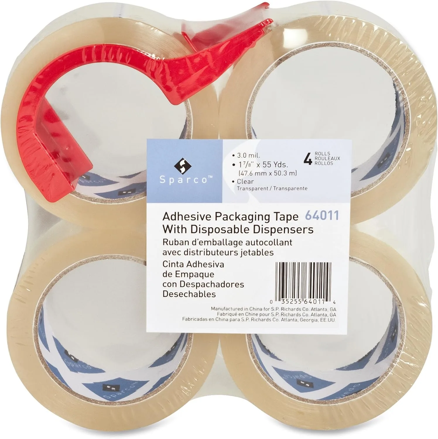 Sparco Heavy-Duty Packaging Tape with Dispenser, 2 in x 55 yd, 3 mil, 3 in Core, 4 Pack, Clear