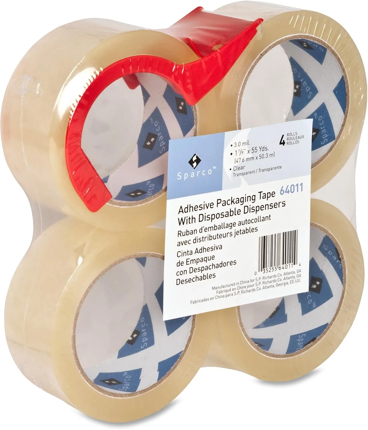 Sparco Heavy-Duty Packaging Tape with Dispenser, 2 in x 55 yd, 3 mil, 3 in Core, 4 Pack, Clear