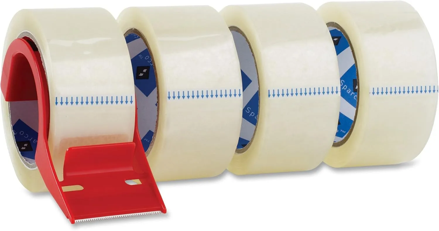Sparco Heavy-Duty Packaging Tape with Dispenser, 2 in x 55 yd, 3 mil, 3 in Core, 4 Pack, Clear
