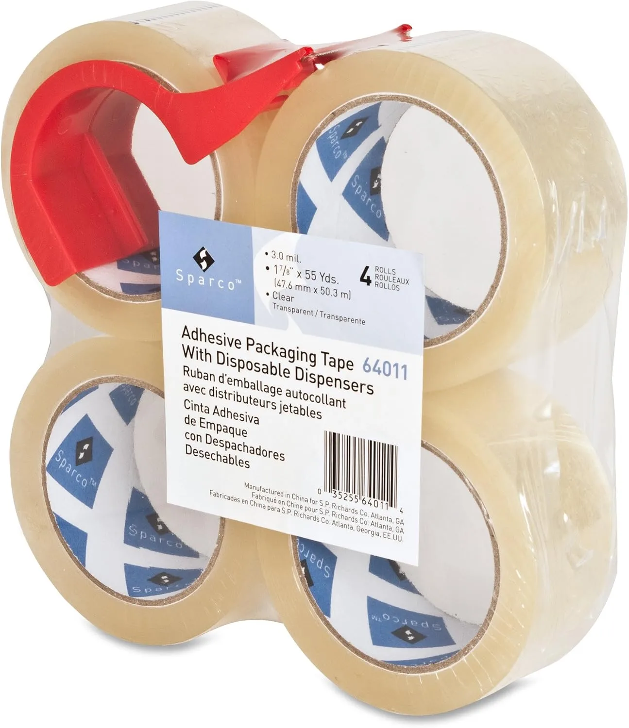 Sparco Heavy-Duty Packaging Tape with Dispenser, 2 in x 55 yd, 3 mil, 3 in Core, 4 Pack, Clear