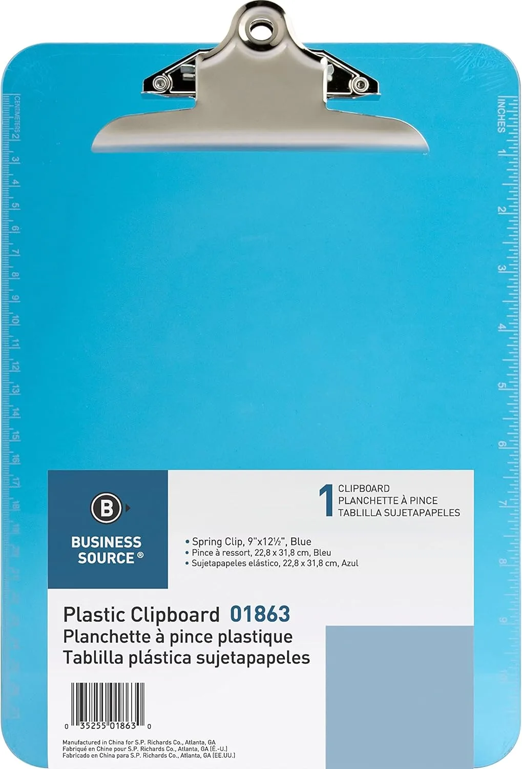 Sparco Plastic Clipboard, 8 1/2in x 12in, Blue