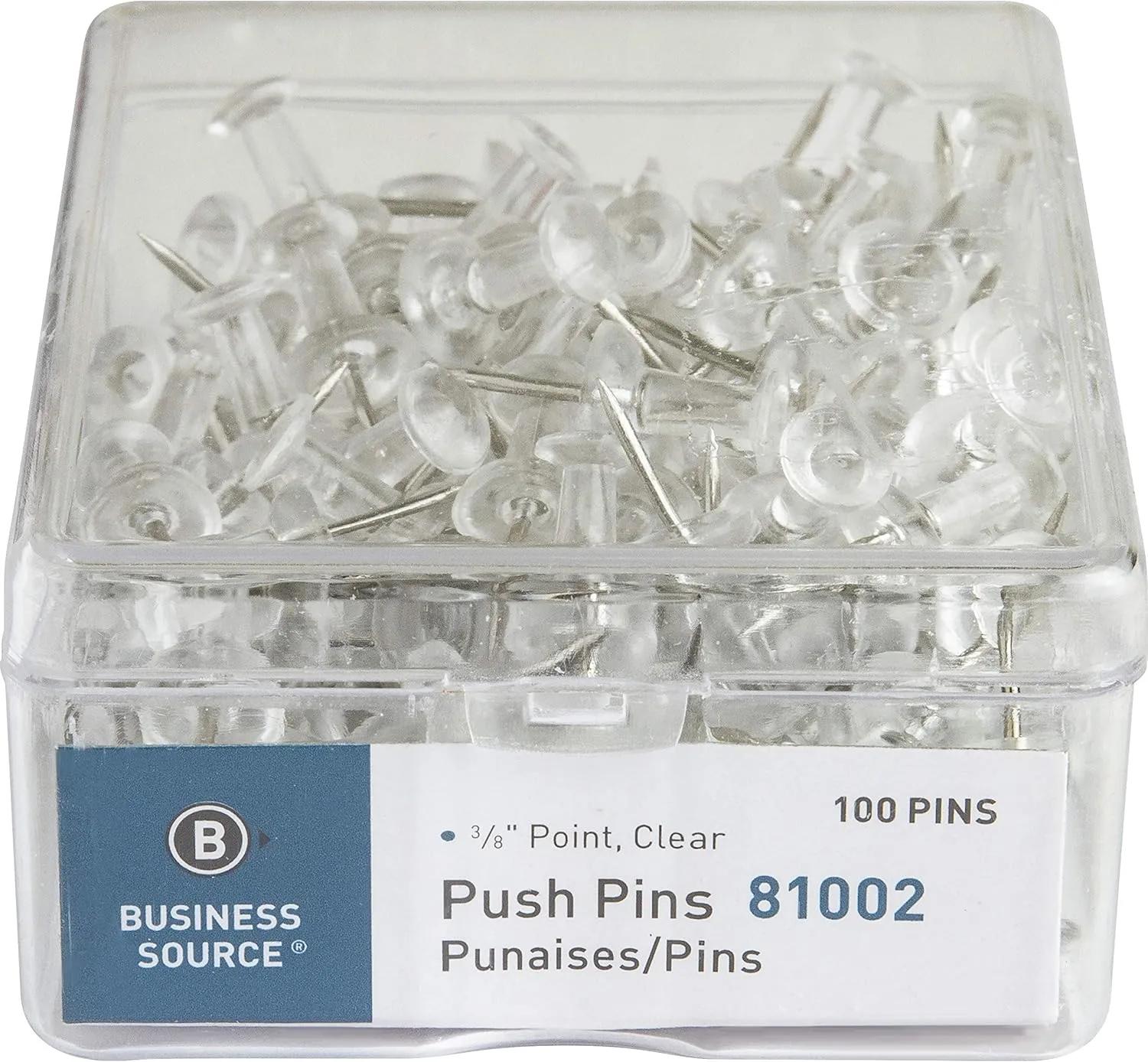 Business Source 1/2" Head Push Pins, Clear - Box of 100