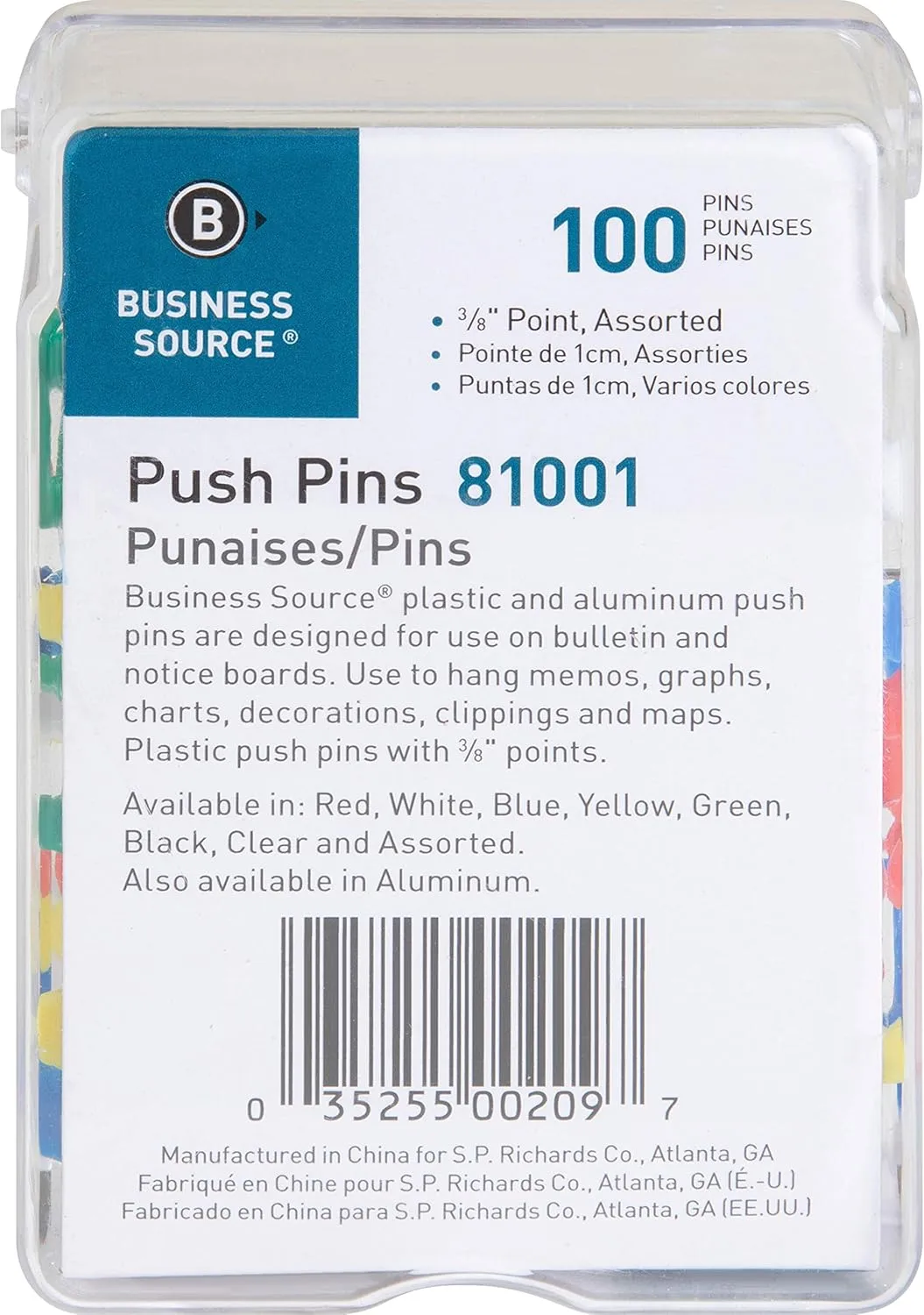 Sparco Pushpins, 3/8in, Assorted Colors, Box Of 100