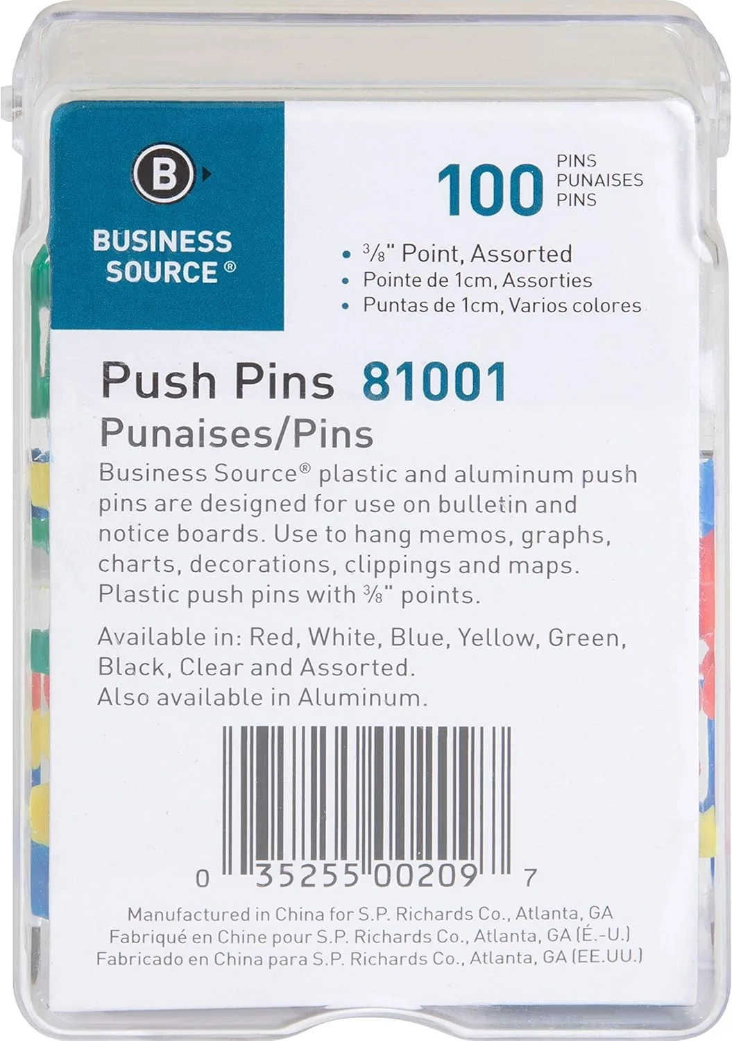 Sparco Pushpins, 3/8in, Assorted Colors, Box Of 100