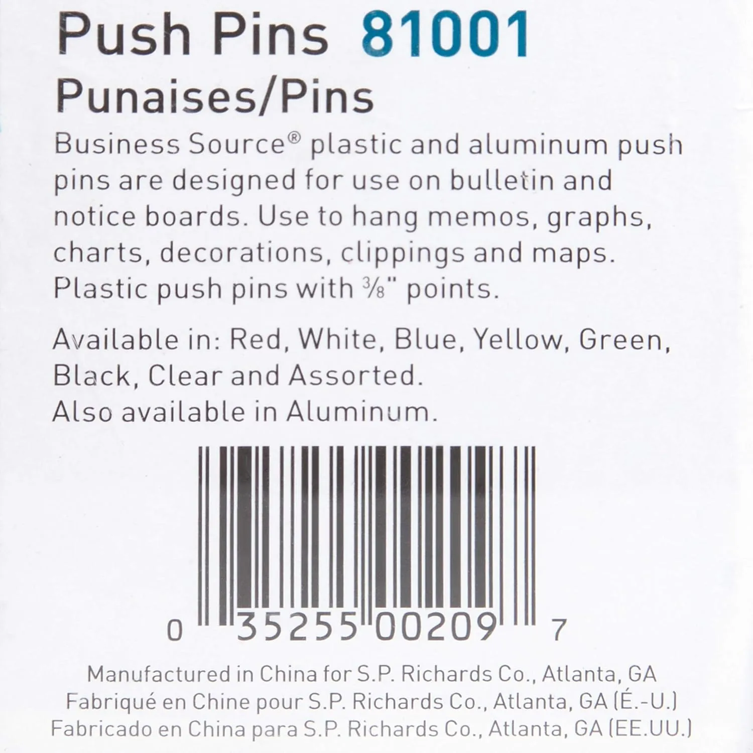 Sparco Pushpins, 3/8in, Assorted Colors, Box Of 100