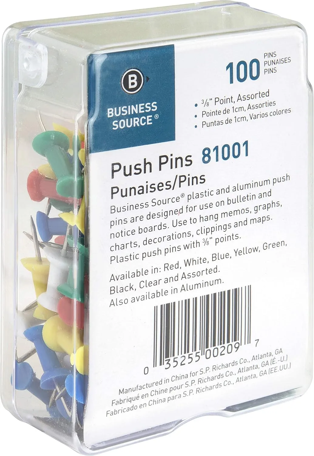 Sparco Pushpins, 3/8in, Assorted Colors, Box Of 100