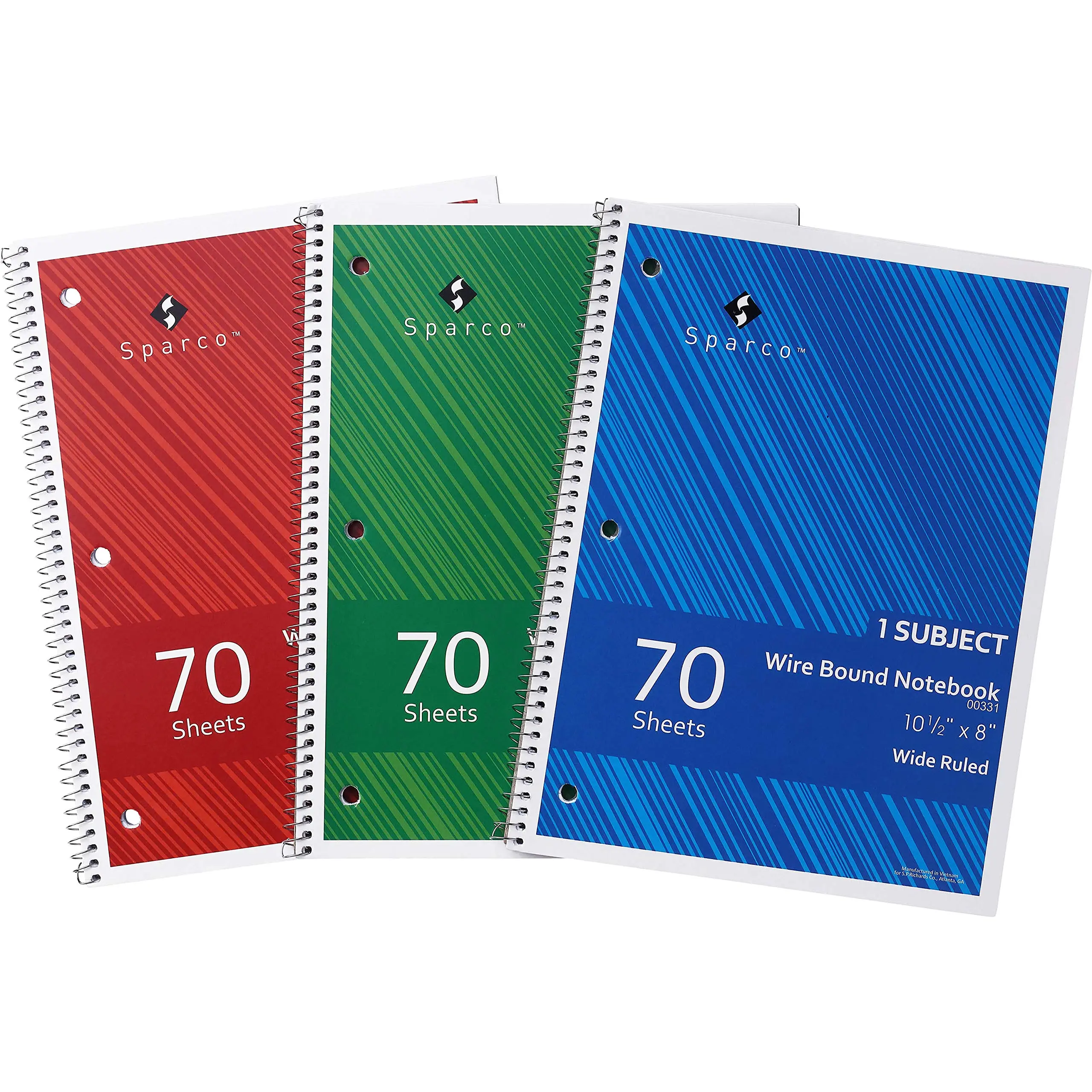 Sparco Wirebound Notebooks, 8 x 10.5 in, Wide Ruled, 70 Sheets, Pack of 3