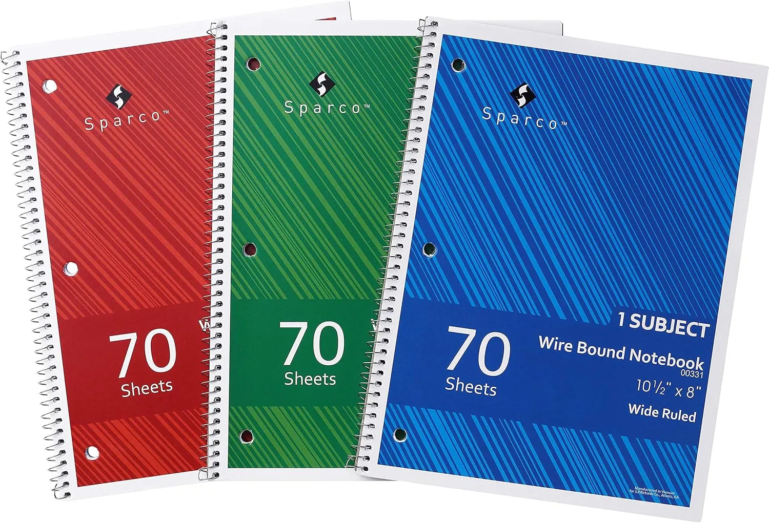 Sparco Wirebound Notebooks, 8 x 10.5 in, Wide Ruled, 70 Sheets, Pack of 3