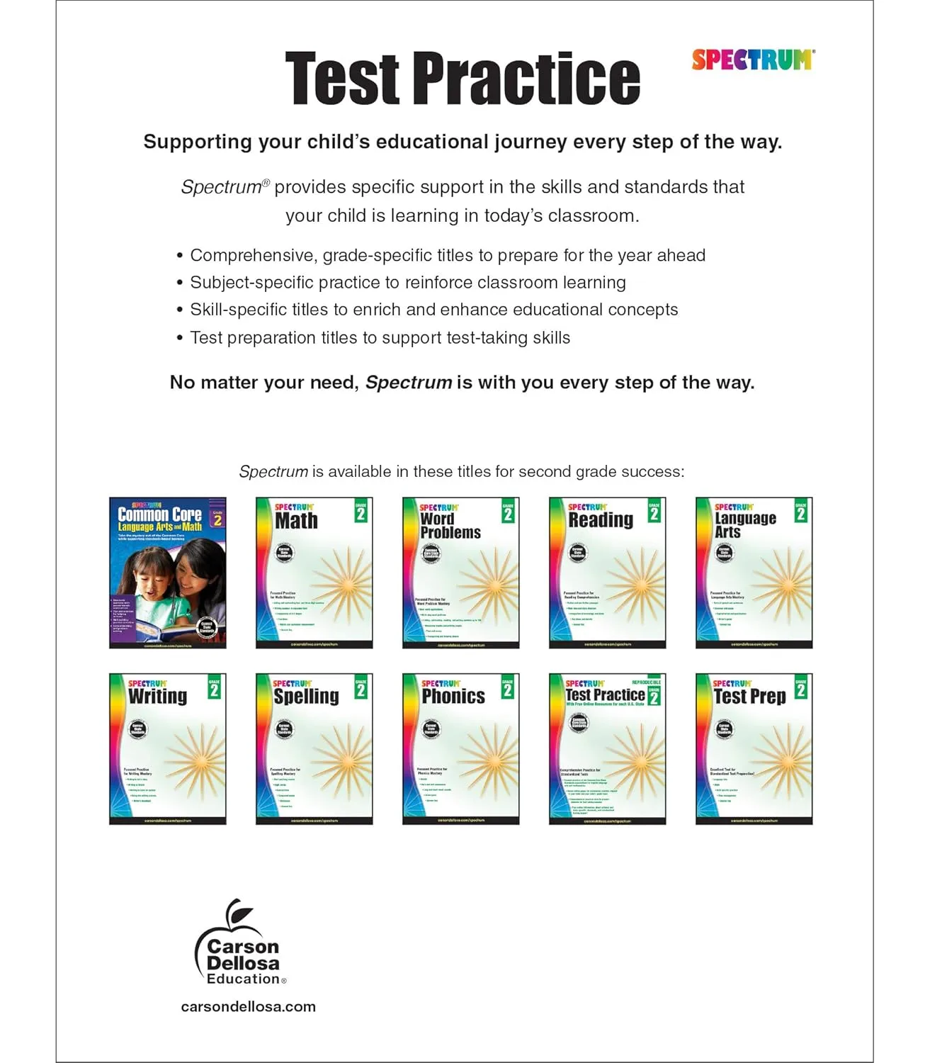 Spectrum Test Prep Grade 2 Workbook, Ages 7-8, Reading Comprehension, Language Arts & Math Workbook, Grammar, Vocabulary
