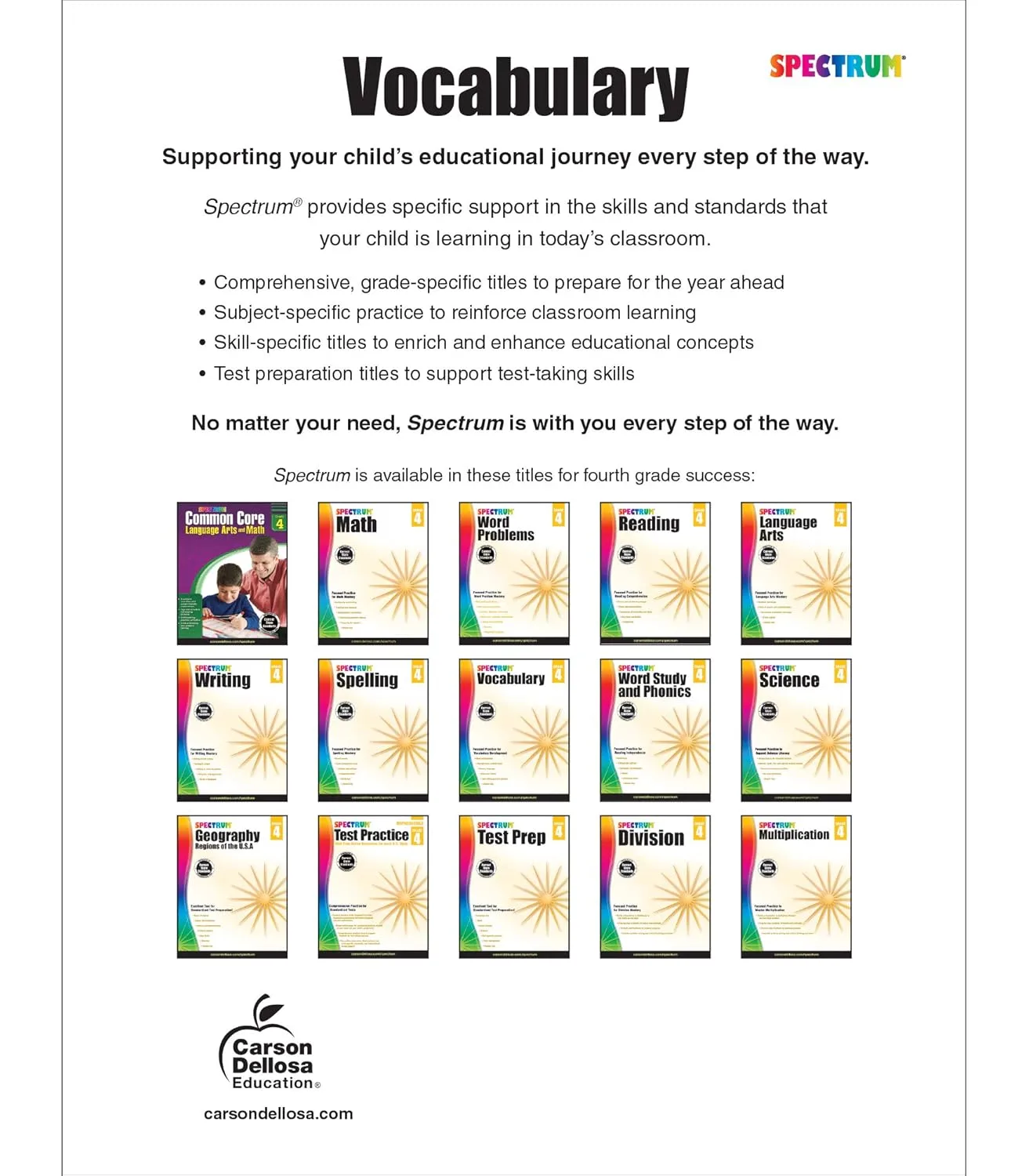 Spectrum Grade 4 Vocabulary Workbook, 4th Grade Vocabulary Covering Word Relationships, Sensory Language, Roots and Affixes