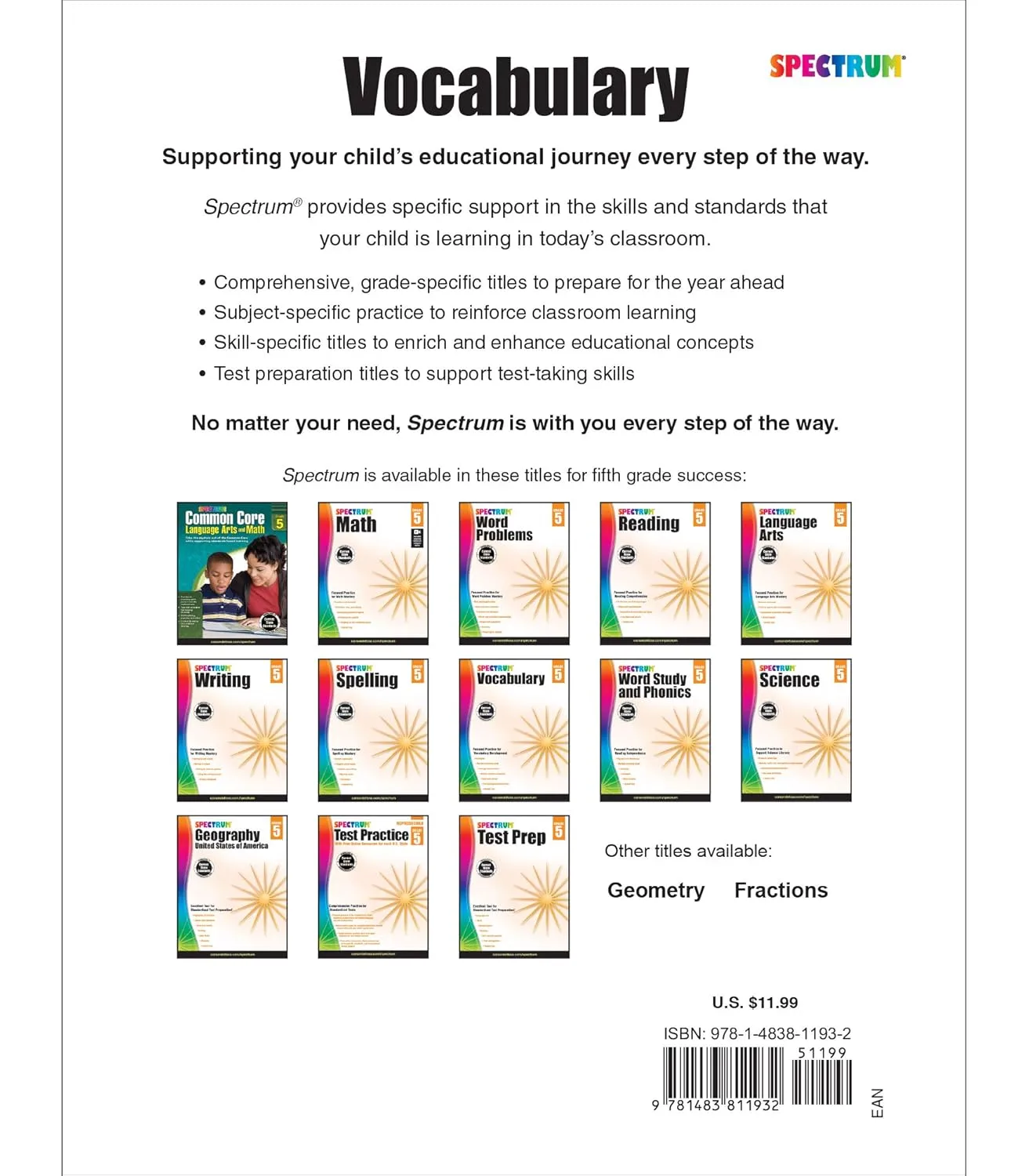 Spectrum 5th Grade Vocabulary Workbooks, Ages 10 to 11, Grade 5 Vocabulary, Reading Comprehension Context Clues