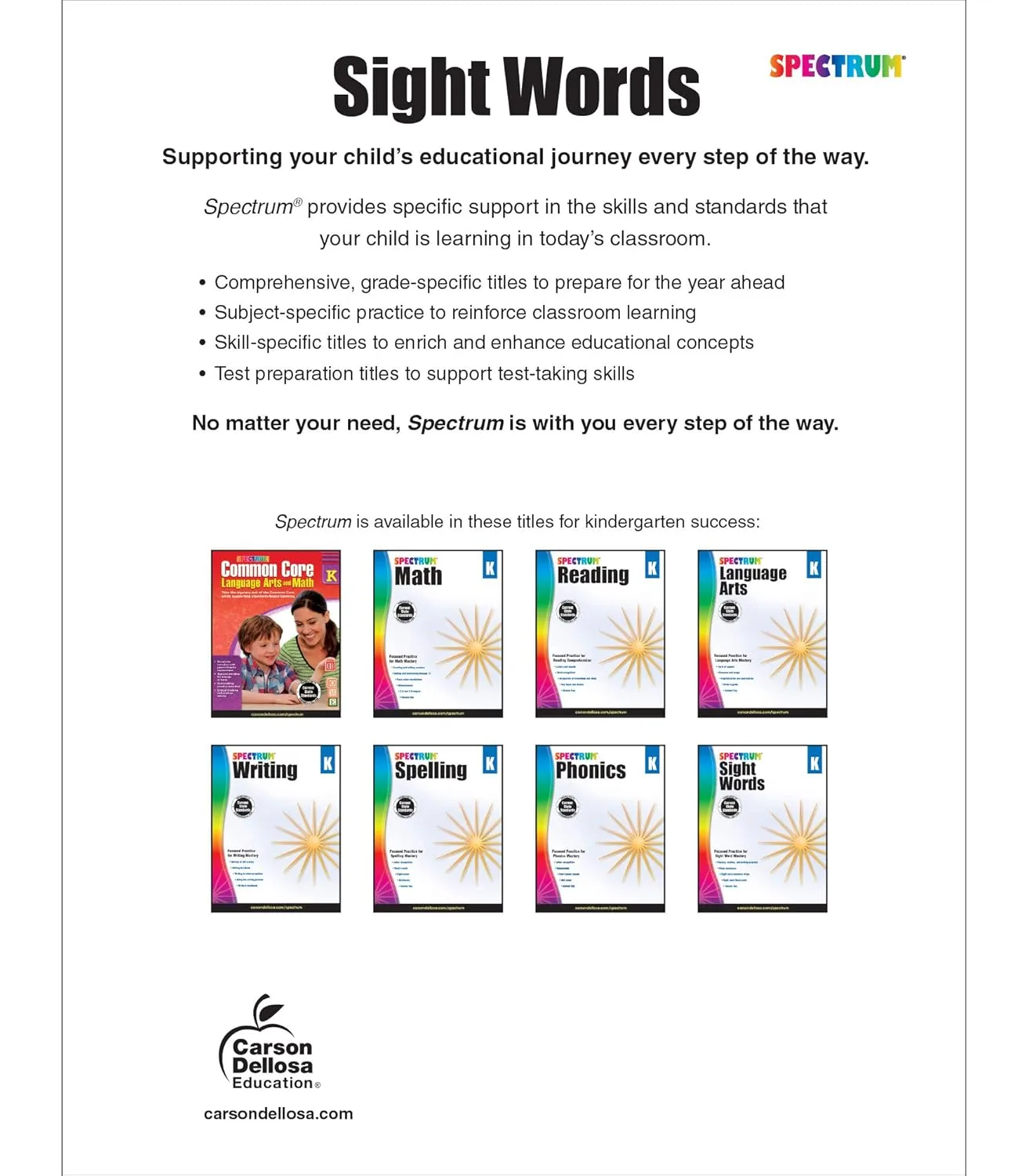 Spectrum Kindergarten Sight Words Workbook, Ages 5 to 6, High Frequency Reading and Writing Practice