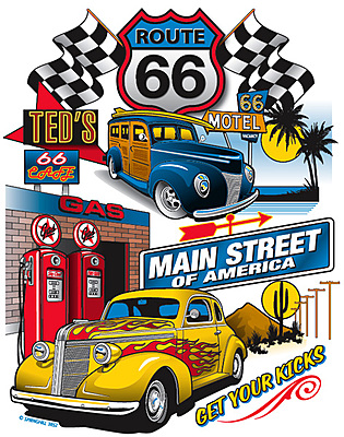 Route 66 Main Street of America – Colorful Retro Car T-Shirt