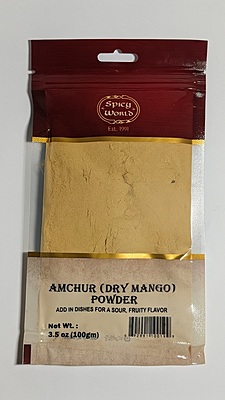 3.5oz jar of Spicy World Amchur Powder, a tangy and citrusy dried mango powder for Indian cooking.