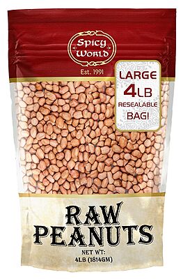4lb bulk bag of Spicy World raw red skin peanuts, ideal for roasting and snacks.