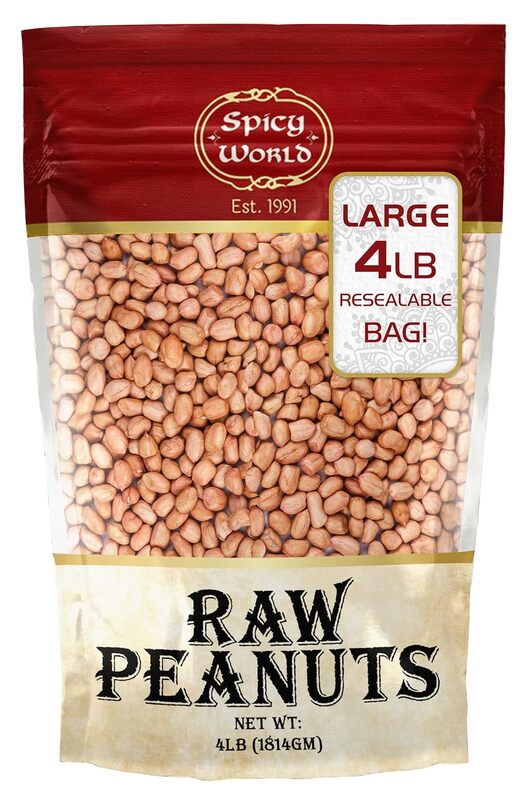 4lb bulk bag of Spicy World raw red skin peanuts, ideal for roasting and snacks.