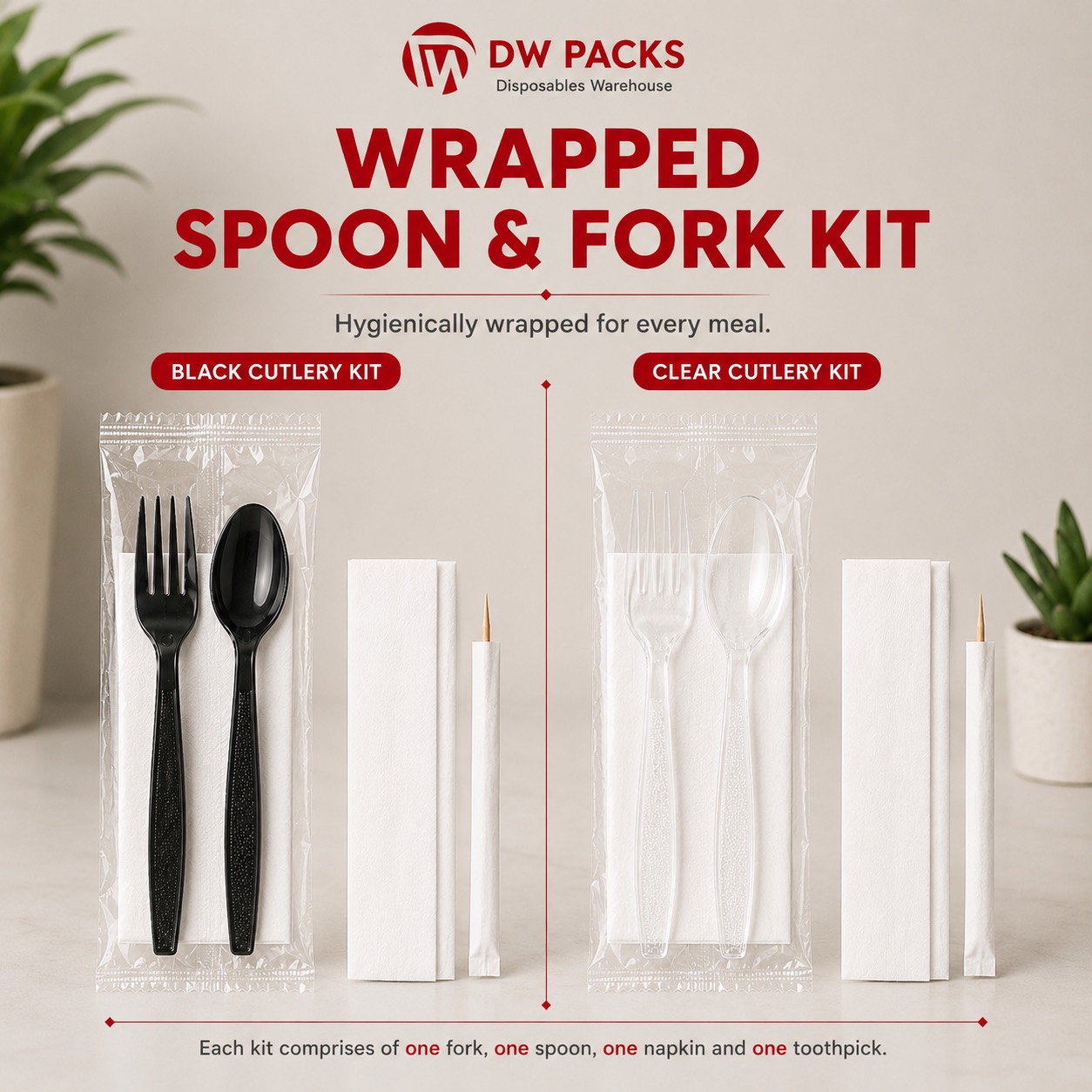 WRAPPED SPOON AND FORK KIT - HEAVY DUTY (BLACK / CLEAR)