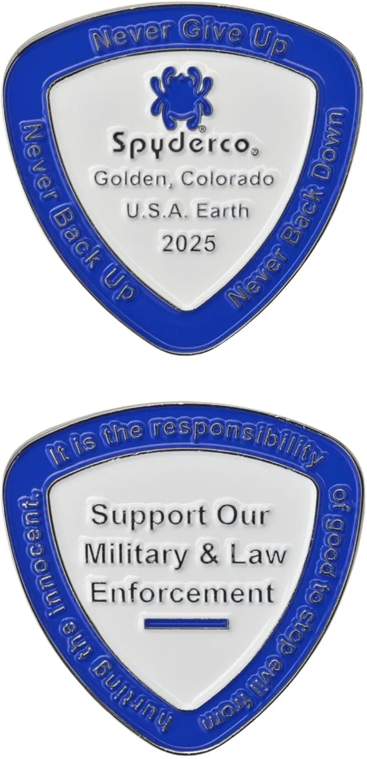 Spyderco 2025 Commemorative SpyderCoin - Reuleaux Triangle Shape, Blue & White Enamel, Honors Law Enforcement & Military