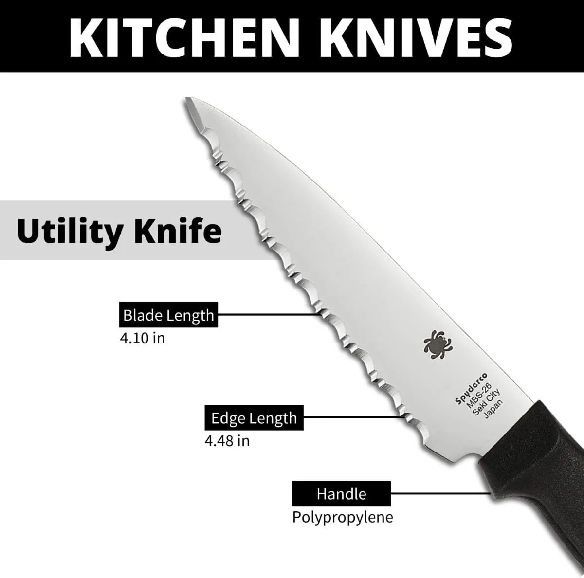SPYDERCO Lightweight Kitchen Utility Knife with MBS-26 Stainless Steel Blade and Polypropylene Handle