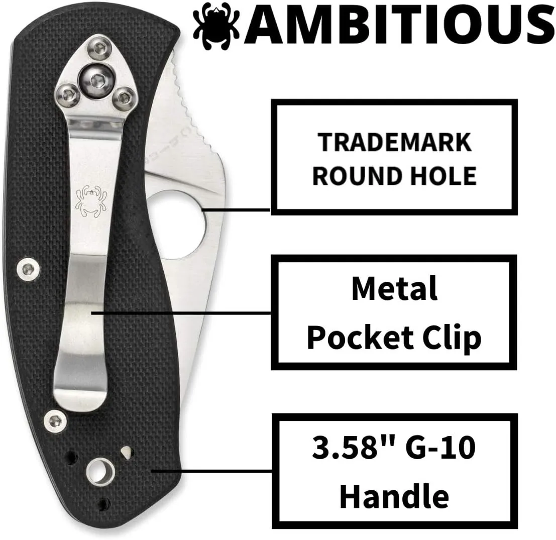 Spyderco Ambitious Value Knife with 2.31" Stainless Steel Blade and Durable Black G-10 Handle - PlainEdge - C148GP