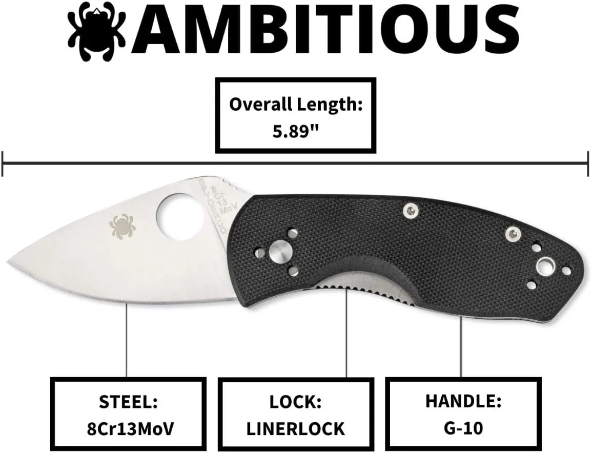 Spyderco Ambitious Value Knife with 2.31" Stainless Steel Blade and Durable Black G-10 Handle - PlainEdge - C148GP