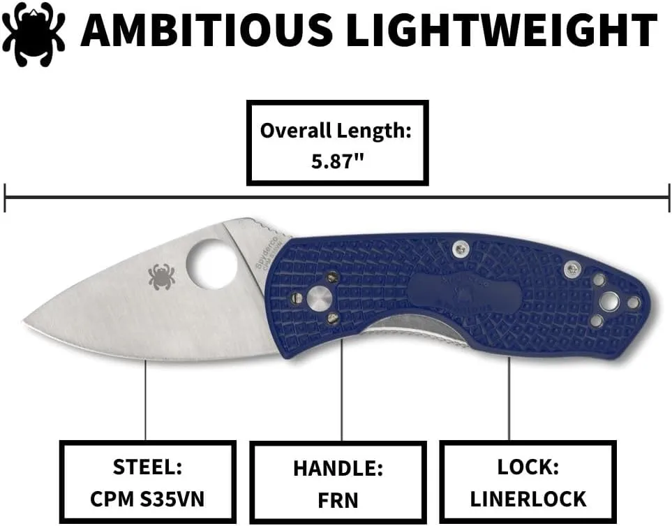 Spyderco Ambitious Lightweight Folding Pocket Knife with 2.31 Inch Steel Blade and Durable Blue FRN Handle - PlainEdge