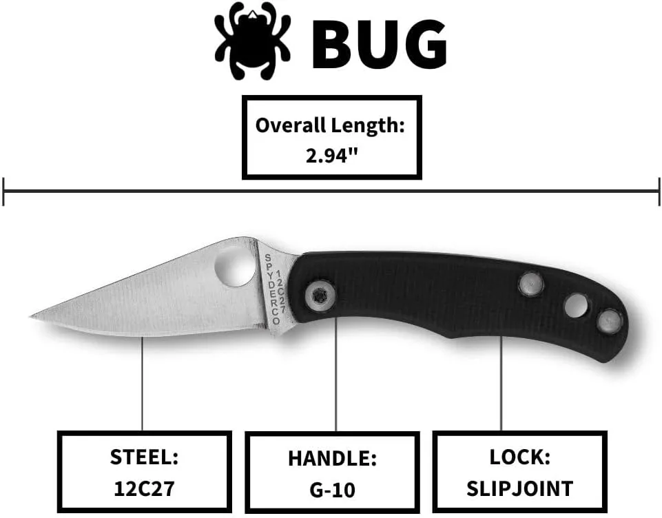 Spyderco Bug Micro-Sized Slipjoint Knife with 1.27 Inch 12C27 Steel Blade and Durable G-10 Black Handle - PlainEdge