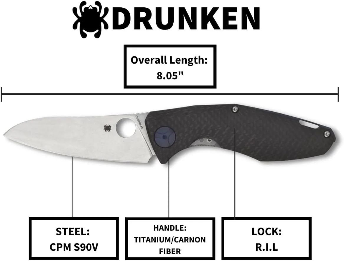 Spyderco Drunken Prestige Premium Knife with 3.50" CPM S90V Stainless Steel Blade and Black Titanium Carbon Fiber Handle