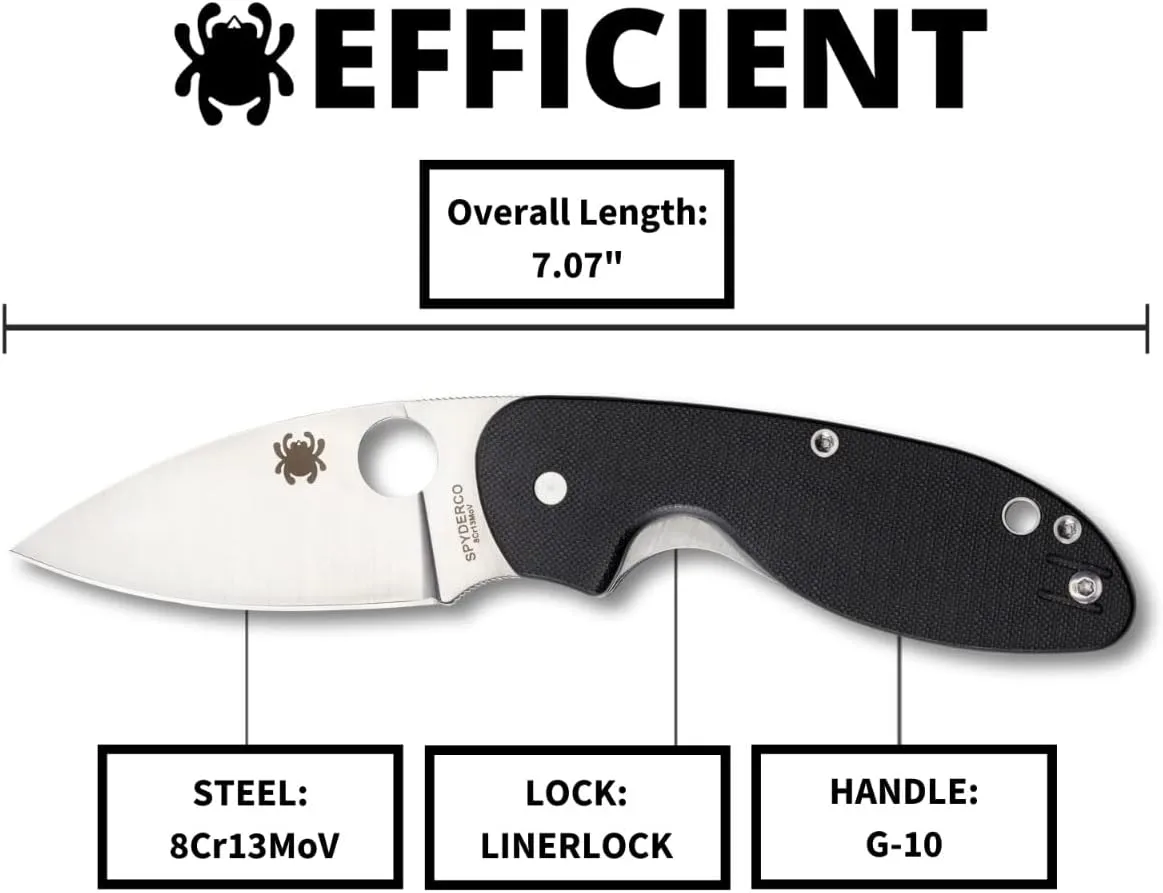 Spyderco Efficient Value Knife with 2.98" Stainless Steel Drop-Point Blade and Durable Black G-10 Handle - PlainEdge