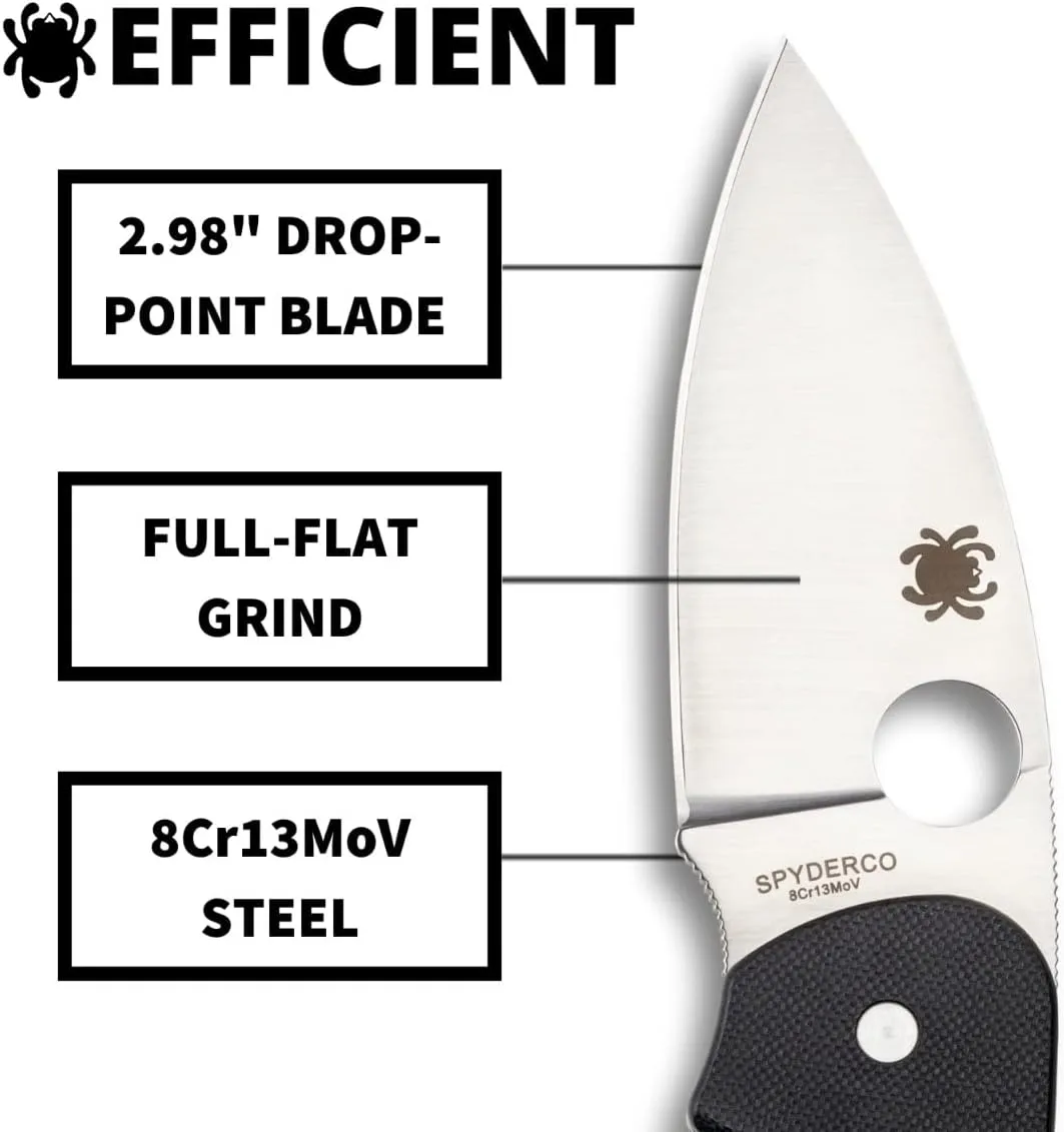 Spyderco Efficient Value Knife with 2.98" Stainless Steel Drop-Point Blade and Durable Black G-10 Handle - PlainEdge