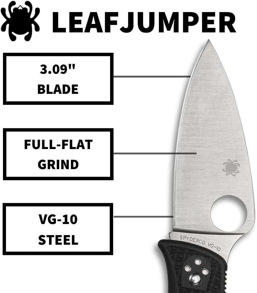 Spyderco Leafjumper Lightweight Mid-Sized Pocket Knife with VG-10 Stainless Steel and Black FRN Handle - PlainEdge - C262BK