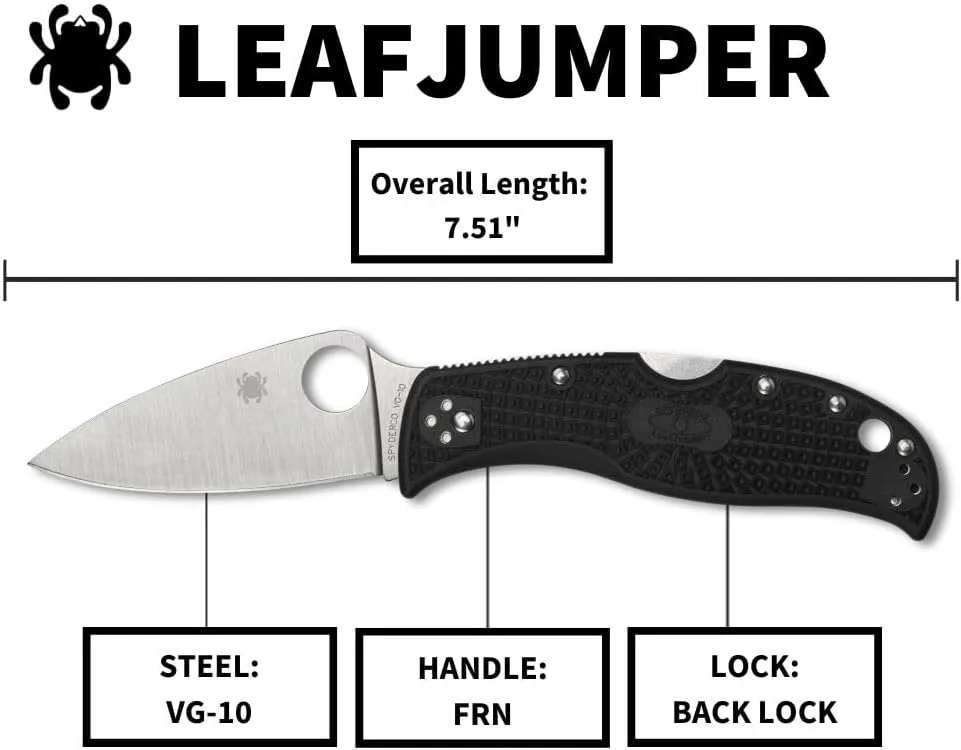 Spyderco Leafjumper Lightweight Mid-Sized Pocket Knife with VG-10 Stainless Steel and Black FRN Handle - PlainEdge - C262BK