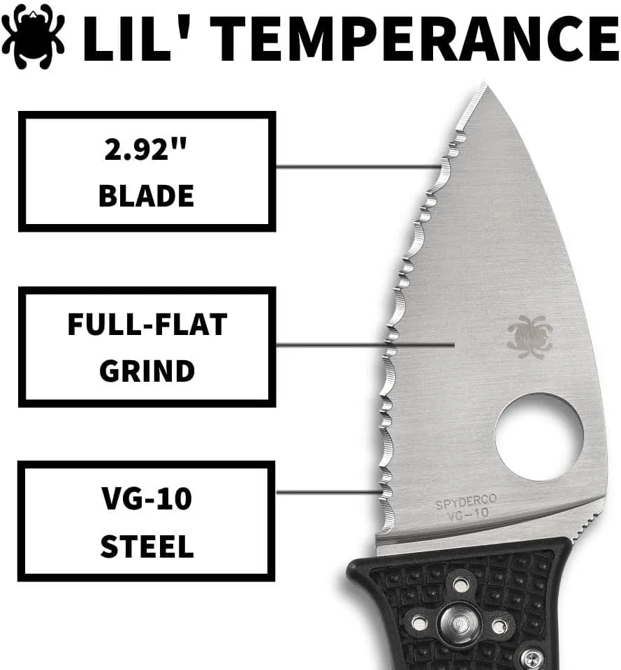 Spyderco Lil' Temperance 3 Lightweight Pocket Knife - SpyderEdge VG-10 Steel Blade with Bi-Directional Textured FRN Handle