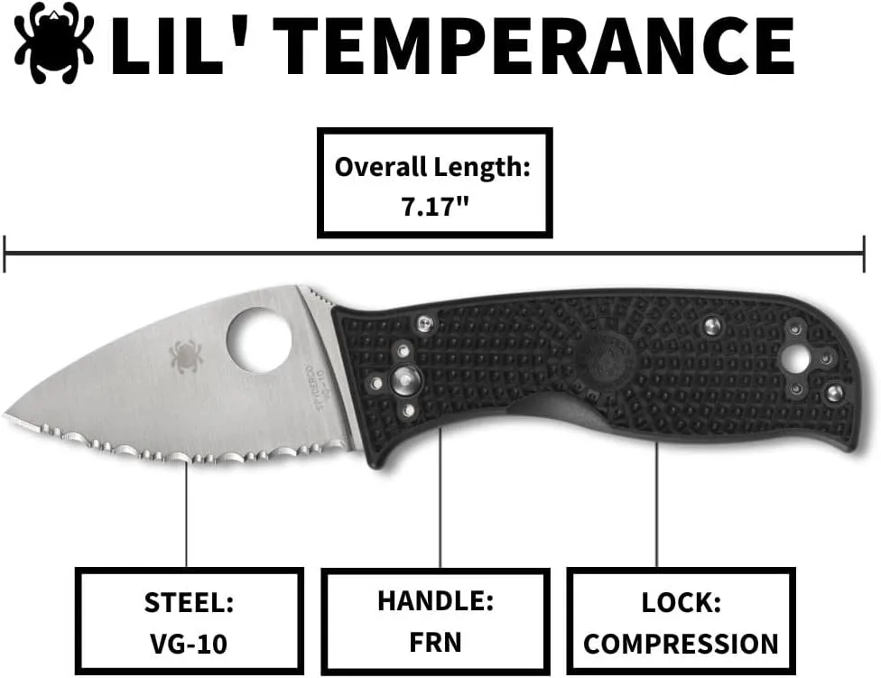 Spyderco Lil' Temperance 3 Lightweight Pocket Knife - SpyderEdge VG-10 Steel Blade with Bi-Directional Textured FRN Handle