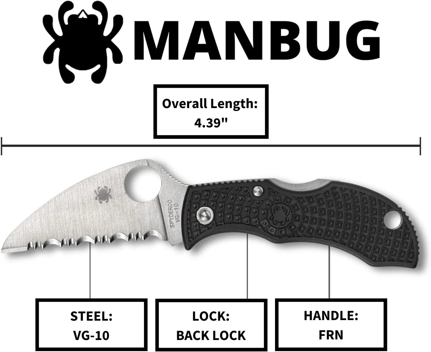 Spyderco Manbug Wharncliffe Folding Pocket Knife with 1.9" VG-10 Steel Blade and FRN Handle - EDC Knife for Men and Women