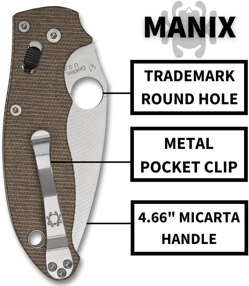 Spyderco C101MPCW2 Manix 2 Brown Canvas with Micarta Handle - CPM CRU-WEAR Steel Blade, PlainEdge, Full-Flat Grind