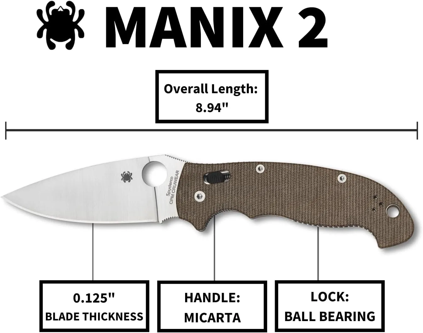 Spyderco Manix 2 XL Brown Canvas Micarta CPM Cru-Wear Folding Pocket Knife and Micarta Handle - PlainEdge - C95MPCW2