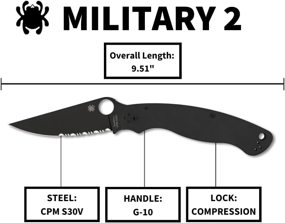 Spyderco Military 2 Folding Pocket Knife with 4 Inch Black CPM S30V Steel Blade and G-10 Handle - CombinationEdge - C36GPSBK2