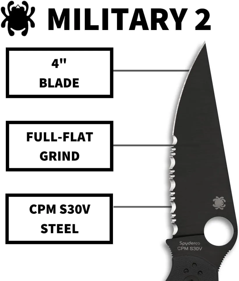 Spyderco Military 2 Folding Pocket Knife with 4 Inch Black CPM S30V Steel Blade and G-10 Handle - CombinationEdge - C36GPSBK2