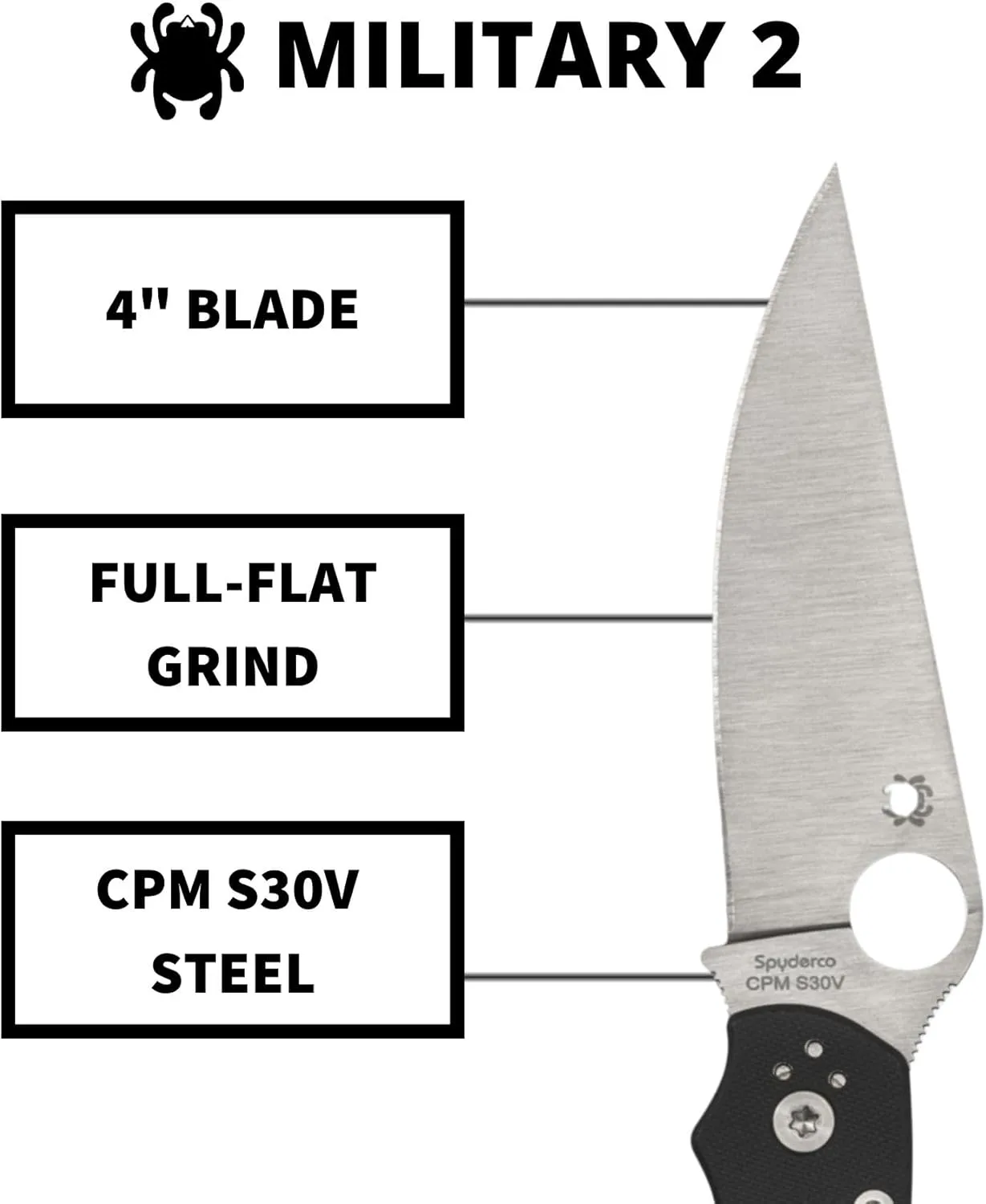 Spyderco Military 2 Folding Knife with 4-inch CPM S30V Steel Blade - Compact & G-10 Handle - Everyday Carry - PlainEdge
